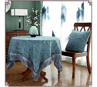 SXJC Round Table Cloth Chenille Wrinkle Free, Tassel Tablecloths Washable Table Cover Retro Jacquard Craft for Kitchen Dinning Party,bluegreen-55inch/140cm