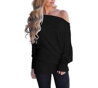 Sxkayxr Off The Shoulder Tops for Women Batwing Long Sleeve Jumpers Shirts Knit Tunic Tops Casual Loose Fit Oversized Pullover Sweaters Black
