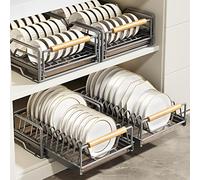 SXKJQER Pull-Out Cabinet Dish Drying Rack, Heavy-Duty Slide-Out Drawers Kitchen Cupboard Organiser No Drilling Required Extendable Sliding Drawer For Kitchen, Dish Drainer Rack With Drip Tray