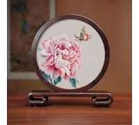 Sxlawesom Exquisite Silk Artwork Hand Embroidery Art Double-sided Embroidery Design Round Screen with Glass Panel(Flower2)