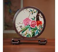 Sxlawesom Exquisite Silk Artwork Hand Embroidery Art Double-sided Embroidery Design Round Screen with Glass Panel(Flower6)