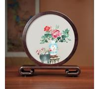 Sxlawesom Exquisite Silk Artwork Hand Embroidery Art Double-sided Embroidery Design Round Screen with Glass Panel(Flower14)