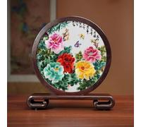 Sxlawesom Exquisite Silk Artwork Hand Embroidery Art Double-sided Embroidery Design Round Screen with Glass Panel(Flower3)