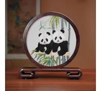 Sxlawesom Hand Embroidery Art Exquisite silk artwork Double-sided Embroidery Design Round Screen with Glass Panel for Home and Office Decor(Panda8)