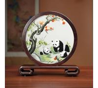 Sxlawesom Hand Embroidery Art Exquisite silk artwork Double-sided Embroidery Design Round Screen with Glass Panel for Home and Office Decor(Panda3)