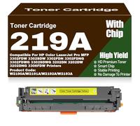 SXLXYOF 3202dw 3302fdw Compatible Toner Cartridges 219A W2190A W2191A W2192A W2193A Toner with Chip for HP 3302FDW 3302SDW 3302FDN 3302FDNG 3302FDWG 3302SDWG 3202DN 3202DW 3202DNG,219A-Yellow