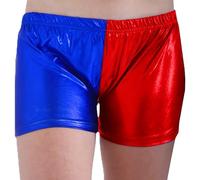 SXME MIGHT SAY Ladies Harley Quinn Hot Pants, Red & Blue Multicolour, Women's Wet Look, Metallic Shiny, Mini Shorts (UK, Numeric, 8, 22, Regular, Regular, XL (16-18), Red and Blue)