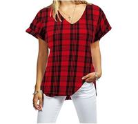 SXME MIGHT SAY Women' New Plus Size Ladies V-Neck T-Shirt, Womens Short Turn Up Sleeves, Baggy, Plain Top (UK, Numeric, 8, 22, Regular, Regular, XXL (20-22) Plus, Red Tartan)