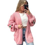 SXME MIGHT SAY Women's Balloon Sleeve Short Knitted Cardigan, Cherry Print, Open Front, Casual, Ladies Winter Wear Plus Size 8-22 (UK, Numeric, 8, 22, Regular, Regular, XL (16-18) Plus, Pink)
