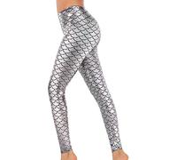 SXME MIGHT SAY Women's Shiny Mermaid Fish Scale Leggings - Stylish Slim Fit Stretchy Pants (UK, Numeric, 8, 22, Regular, Regular, M/L (12-14), Silver)