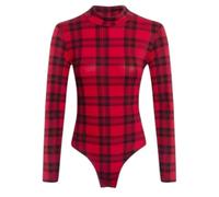 SXME MIGHT SAY Women's Turtleneck Bodysuit - Stretchy Long-Sleeve Leotard Top, Sizes Ranging from 8 to 26 (XL (16-18), Red Tartan, 8-26)
