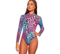 SXME MIGHT SAY Women's Turtleneck Bodysuit - Stretchy Long-Sleeve Leotard Top, Sizes Ranging from 8 to 26 (XXXL (24-26), Neon Leopard, 8-26)