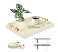 SXNOWS Coffee Table Tray - Large Ottoman Tray for Living Room - Wood Serving Trays with Handles(2 Sets) - Wooden Trays for Coffee Table, 4 Round Coasters Included, Off-White