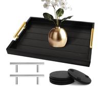 SXNOWS Coffee Table Trays - Large Ottoman Tray for Living Room -Wood Serving Tray with 2 Sets of Handles - Wooden Tray for Coffee Table, 4 Round Coasters Included, Black