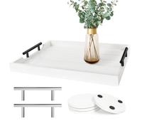SXNOWS Large Rectangular White Wooden Serving Tray with Handles (2 Sets) - Ottoman Tray for Coffee Table, Living Room, Kitchen - Rustic, Farmhouse, Boho, Vintage Style - 4 Non-Slip Coasters Included