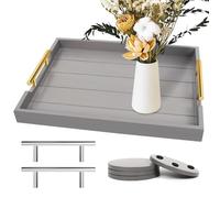 SXNOWS Large Wood Ottoman Tray - With Handles, Includes 4 Round Coasters - Living Room Coffee Table Serving Tray, Gray (2 Set)
