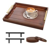 SXNOWS Ottoman Tray, Large Wooden Serving Tray with 2 Sets of Handles for Coffee Table, Rustic Living Room Kitchen Decor, 4 Round Coasters Included, Dark Brown