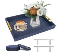 SXNOWS Wooden Serving Tray with 2 Set of Handles,Navy Blue | Rectangle 16.5x13 Inch Ottoman Decorative Tray for Coffee Table Kitchen Bar Living Room Breakfast in Bed, 4 Coasters Included