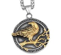 SXQCKJ Men Nordic Raven Runes Stainless Steel Necklace, Viking Crow Celtic Knot Amulet, Retro Fashion Tree Of Life Medallion Pendant Jewelry(Gold)