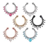 SXQCKJ Non-Piercing Septum Jewelry, Eleven Cz Stones Multi Gem Clip On Fake Ring Hanger Piercing(Silver milky protein diamond)