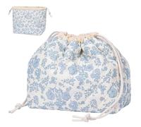 SXS LACONIC Drawstring Quilted Makeup Bag, Cosmetic Pouch, Coquette Cute Organizer, Small Make up Bag for Purse, Women's Portable Travel Cosmetic Bag, White-Blue, L
