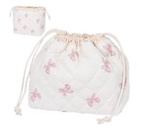 SXS LACONIC Drawstring Quilted Makeup Bag, Cosmetic Pouch, Coquette Cute Organizer, Small Make up Bag for Purse, Women's Portable Travel Cosmetic Bag, Bow, L