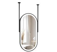 SXSaelciun Black Oval Hanging Rod Mirrors with LED Light, 3 Colors Dimmable, Ceiling-Mounted Bathroom Vanity Mirror for Entryway/Living Room/Bedroom/Hotel(50cmx60cm)