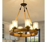 SXSaelciun Rustic Farmhouse Wood Wagon Wheel Chandelier with 6 Lights for Dining Room and Hallway