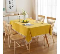 SXSaelciun Yellow Cotton Rectangular Tablecloth 160cm, Solid Color with Pom Poms, Ideal for 2-4 People, Stain Resistant for Dining & Coffee Tables
