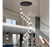SXSKPP Dimmable Modern Loft with Remote, 18-Light Acrylic Stair Pendant Light, Adjustable 11.8 Columns & 118 Chain, Perfect for Villas, Foyers, and Entrances - 90W Black Fixture