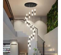 SXSKPP Modern Loft with Remote Control, Dimmable Acrylic Stair Light Fixture, 11.8" Columns & 118" Adjustable Chain, 18 Lights 90W for Villas, Foyers, Entrances - Black Finish