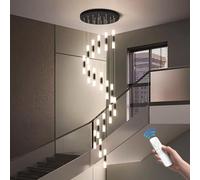 SXSKPP Modern Loft with Remote Control, Dimmable Acrylic Stair Light Fixture, Adjustable 11.8" Columns & 118" Chain, 18 Lights 90W for Foyer, Villa, Entrance - Elegant Black Design