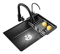 SXSLTSA Kitchen Sinks Drop in Black Widened Design Sink, Nanotechnology Single Bowl Undermount Installation Sinks, with Faucet/Black Sink/22.0 * 16.5In