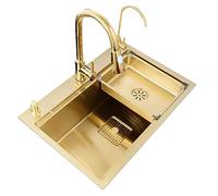 SXSLTSA Stainless Steel Kitchen 304 Nanometer Manual Large Single Tank Under Counter Basin With Pull The Faucet (Color : Gold, Size 68 * 46 22cm)