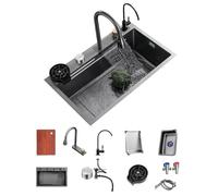 SXSLTSA Waterfall Kitchen Stainless Steel Nano Gray Single Bowl Drop In With Cup Washer Multifunctional Top Loading (Color : Gray, Size 68 * 45 21cm)