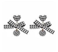 SXSWCH Black White Long Cloth Checkerboard Bow Heart for Women Valentines Day Party Banquet Jewelry high-end Earrings