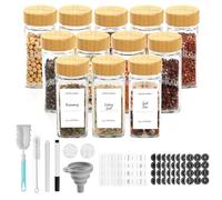 SXTIHD Glass and wood spice jars, 12 × 120 ml Square spice storage container for the kitchen, spice jars with airtight bamboo lids, label