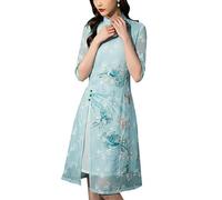 SXTYYH Ao Dai Vietnamese Dress for Women Chinese Traditional Dress Chiffon Embroidery Qipao Summer Cheongsam Dress(Blue,M)