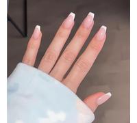 SXVME 30 Pcs Acrylic Press on Nails Medium Short Coffin, White French Tip False Nails Short Ballerina, Natural Nude Fake Nails Set Classic Soft Gel Stick on Nail for Women Daily Wedding Wear
