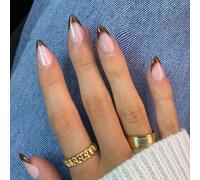 SXVME 30 Pcs Acrylic Press on Nails Short Almond, Brown French Tip False Nails Short Pointed Stiletto, Natural Nude Fake Nails Set Classic Soft Gel Stick on Nail for Women Daily Wedding Wear