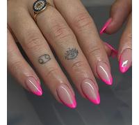 SXVME 30 Pcs Acrylic Press on Nails Short Almond, Hot Pink French Tip False Nails Short Pointed Stiletto, Natural Nude Fake Nails Set Classic Soft Gel Stick on Nail for Women Daily Wedding Wear