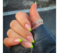 SXVME 30 Pcs Acrylic Press on Nails Short Almond, Neon Green French Tip False Nails Short Pointed Stiletto, Natural Nude Fake Nails Set Classic Soft Gel Stick on Nail for Women Daily Wedding Wear