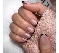 SXVME 30 Pcs Acrylic Press on Nails Short Square, Black French Tip False Nails Short Coffin, Natural Nude Fake Nails Set Classic Soft Gel Stick on Nail for Women Daily Wedding Wear