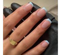 SXVME 30 Pcs Acrylic Press on Nails Short Square, Blue French Tip False Nails Short Coffin, Natural Nude Fake Nails Set Classic Soft Gel Stick on Nail for Women Daily Wedding Wear