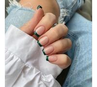 SXVME 30 Pcs Acrylic Press on Nails Short Square, Dark Green French Tip False Nails Short Coffin, Natural Nude Fake Nails Set Classic Soft Gel Stick on Nail for Women Fall Winter Wear