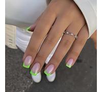 SXVME 30 Pcs Acrylic Press on Nails Short Square, Light Green French Tip False Nails Short Coffin, Natural Nude Fake Nails Set Classic Soft Gel Stick on Nail for Women Daily Wedding Wear