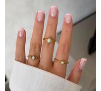 SXVME 30 Pcs Acrylic Press on Nails Short Square, Light Pink French Tip False Nails Short Coffin, Natural Nude Fake Nails Set Classic Soft Gel Stick on Nail for Women Daily Wedding Wear