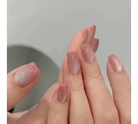 SXVME 30 Pcs Ombre Pink Cat Eye Press on Nails Short Coffin, French False Nails Glitter, Sparkly Shiny Fake Nails Ser, Luxury Bling Glue on Nail Stick on Nail for Women Wedding Holiday Wear