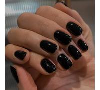 SXVME 48 Pcs Black Press on Nails Short Square Acrylic False Nails Short Coffin Natural Fake Nail Set Elegant Solid Color Full Cover Glossy Gel Stick on Nails for Women Daily Wear