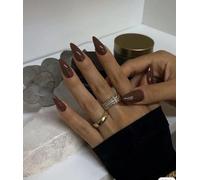 SXVME 48 Pcs Brown Press on Nails Almond Medium Acrylic False Nails Medium Stiletto Natural Fake Nail Set Elegant Solid Color Full Cover Glossy Gel Stick on Nails for Women Fall Winter Wear